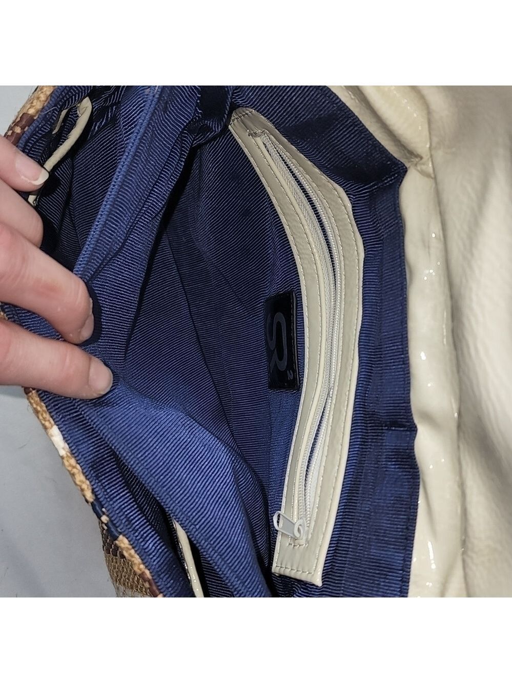 70s Canvas & Leather Turn Lock Satchel Crossbody Handbag Striped Neutral Boho - Picture 8 of 11